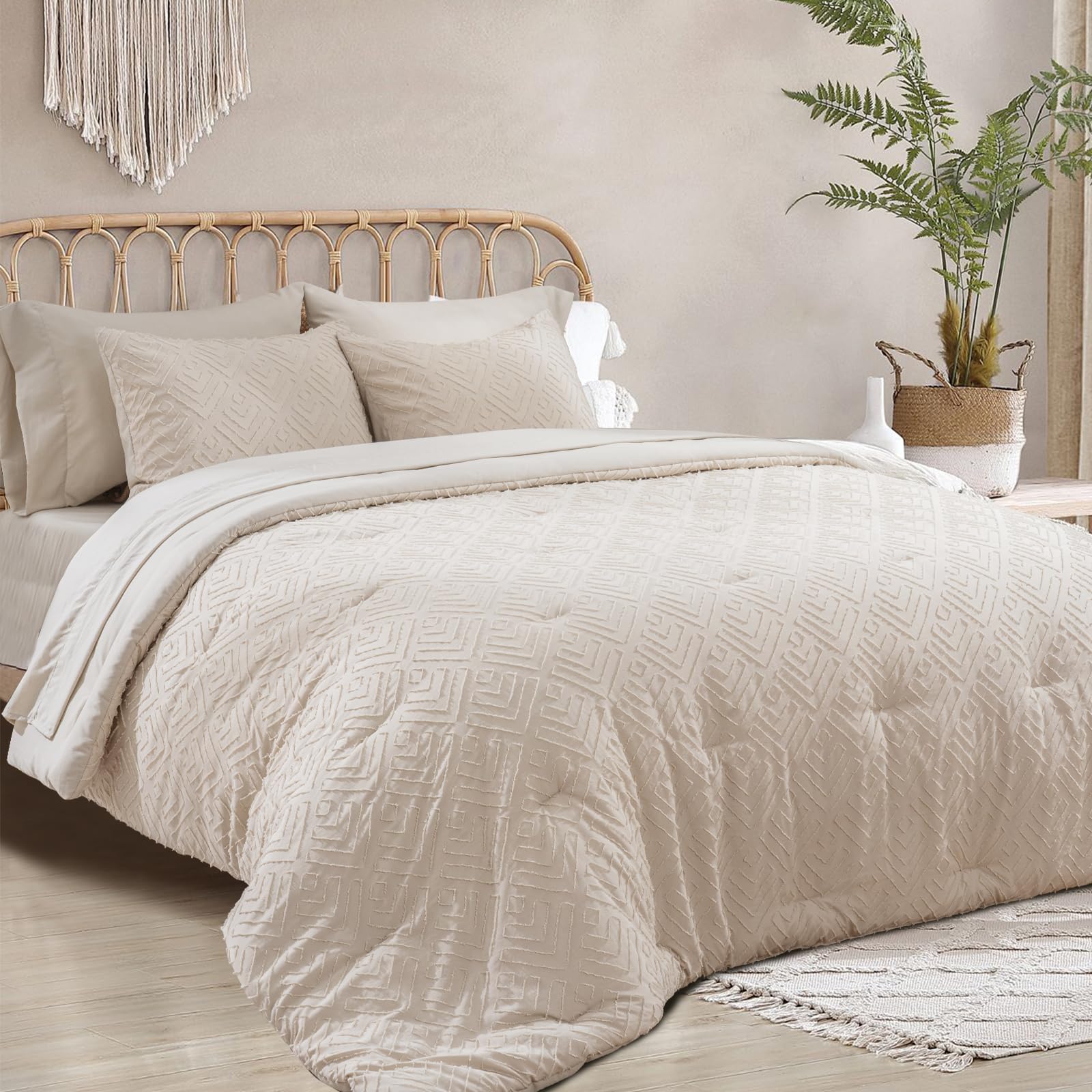 Boho Comforter Set King Size 7 Piece, Shabby Chic Tufted Comforter Set with Sheets