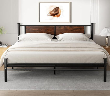 King Size Bed Frame with Rustic Wood Headboard, Metal Heavy Duty Platform Frame,