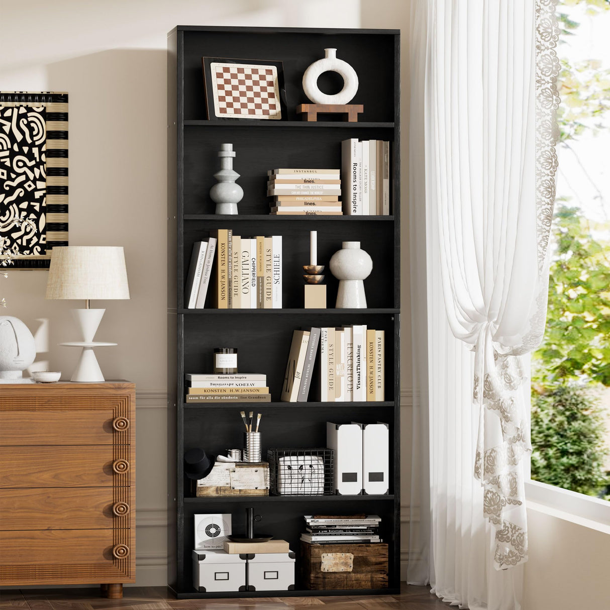 Open Bookshelf and Bookcase, 6 Shelf Storage Shelves Tall Bookcase for Bedroom, Living Room and Office, Black