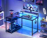 Shaped Gaming Desk with Power Outlet, Reversible Gaming Desk with Height Adjustable