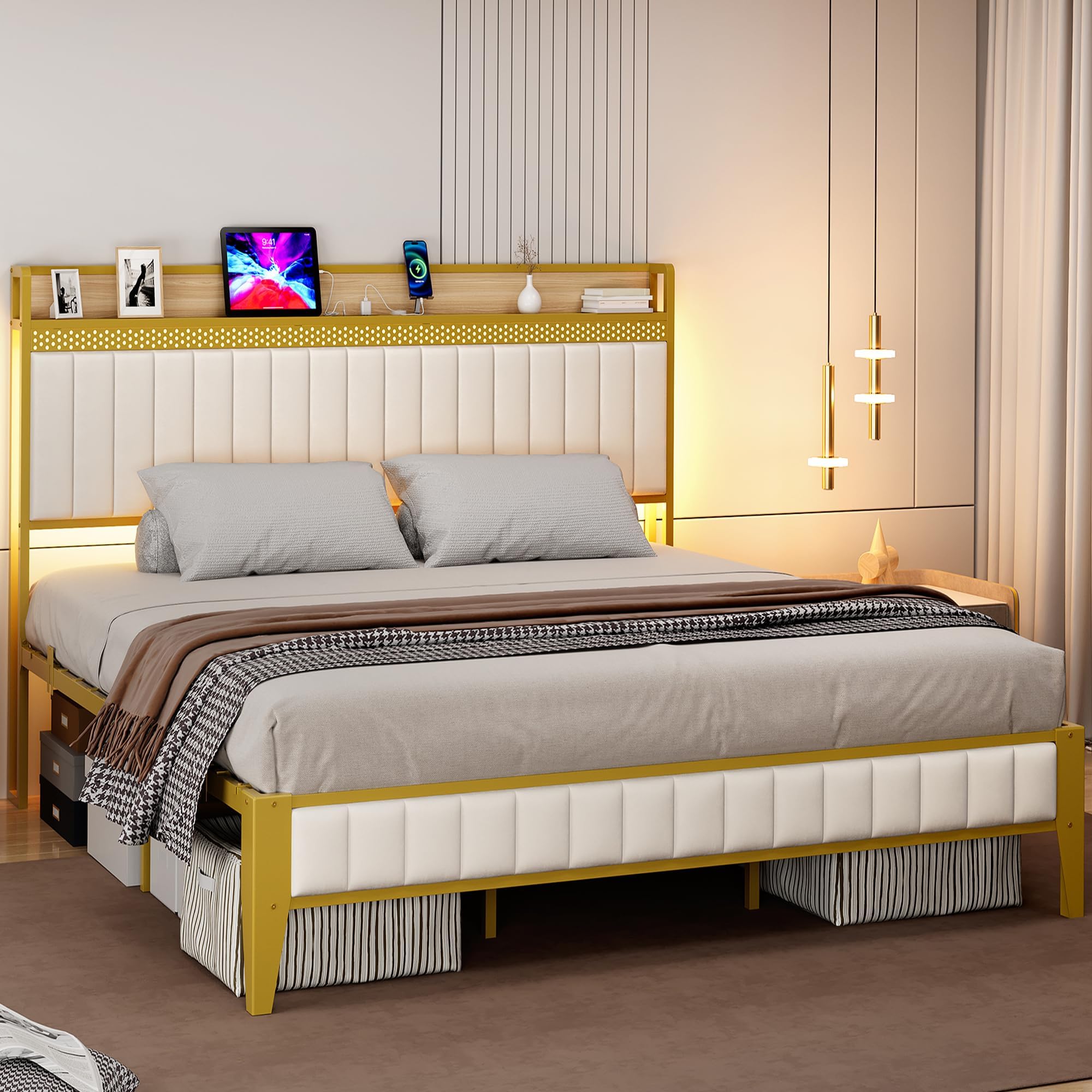 IDEALHOUSE Queen Bed Frame with Charging Station, LED Bed Frame with Storage Headboard, Upholstered Platform Bed Frame, No Box Spring Needed, Easy Assembly, White＆Gold