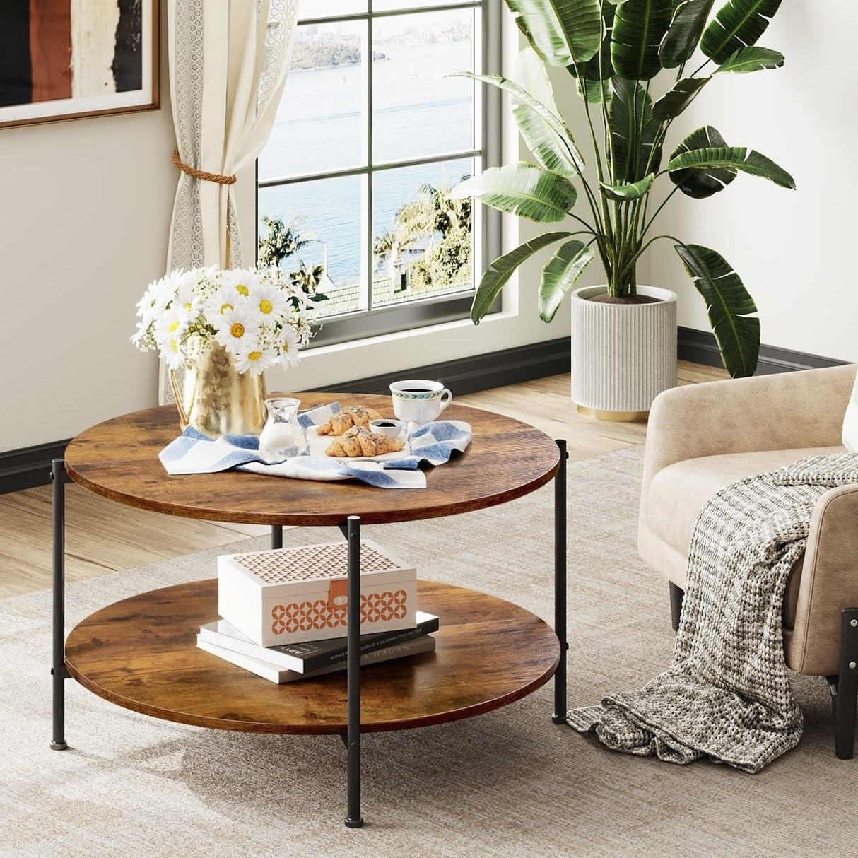 Round Coffee Table, 32.6" Small Coffee Table with Open Storage Shelf