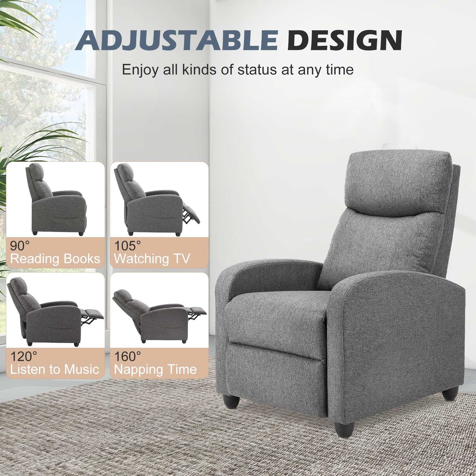 SweetCrispy 8-Mode Massage Fabric Recliner Chair | Small Home Theater Seating