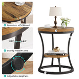 Round End Table, 2 Tier Industrial Side Table, Accent Bedside Table Nightstand