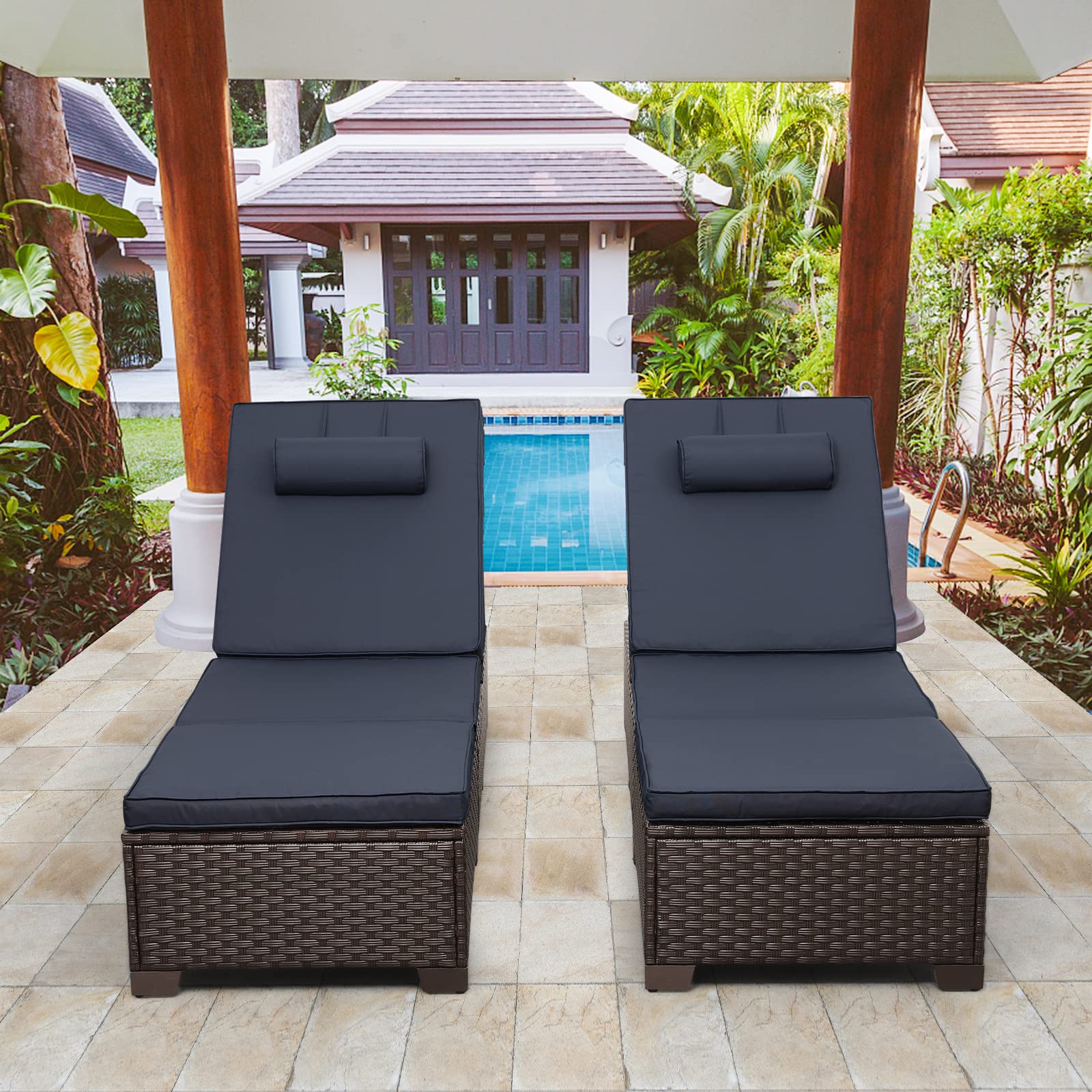 Outdoor PE Wicker Chaise Lounge Set, Patio Lounge Chairs