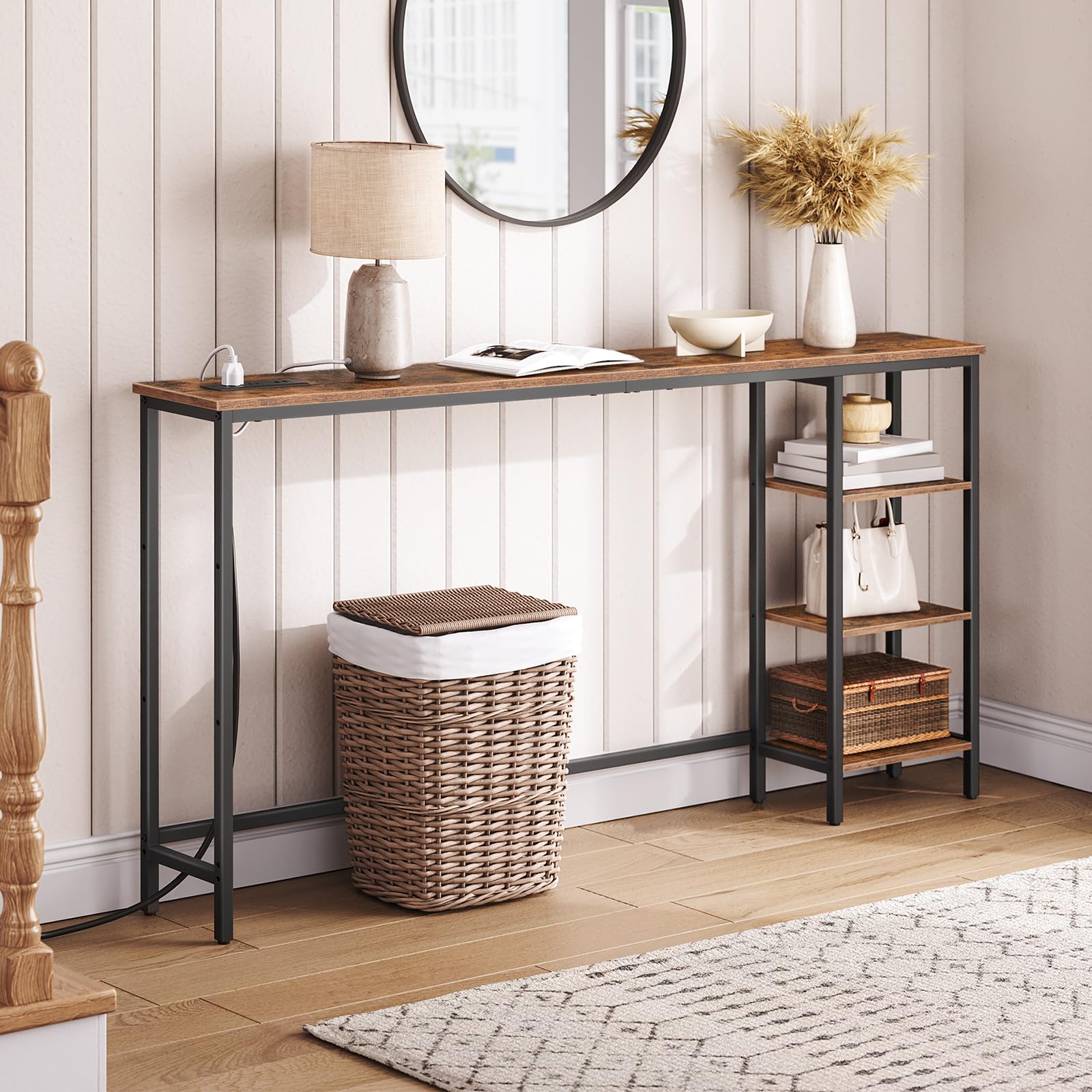 63" Console Table with Power Outlet and Storage Shelves