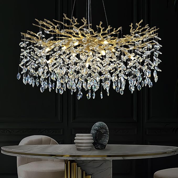 Modern Crystal Chandeliers for Dining Room, 40" Round Gold Tree Branches Chandeliers,