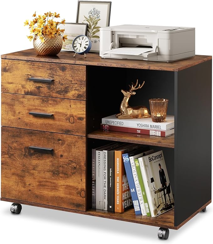 3-Drawer Wood File Cabinet, Mobile Lateral Filing Cabinet