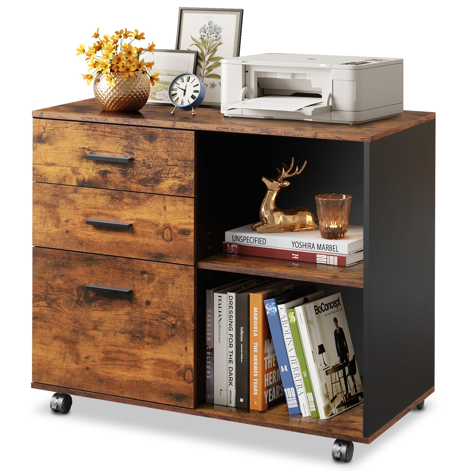 3 Drawer Mobile File Cabinet, Wood Lateral Filing Cabinet, Printer Stand
