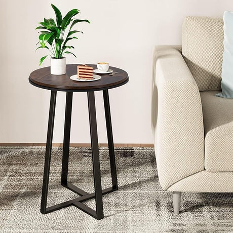 Round End Tables, Small Side Table Walnut Color MDF Top, Metal Frame Black