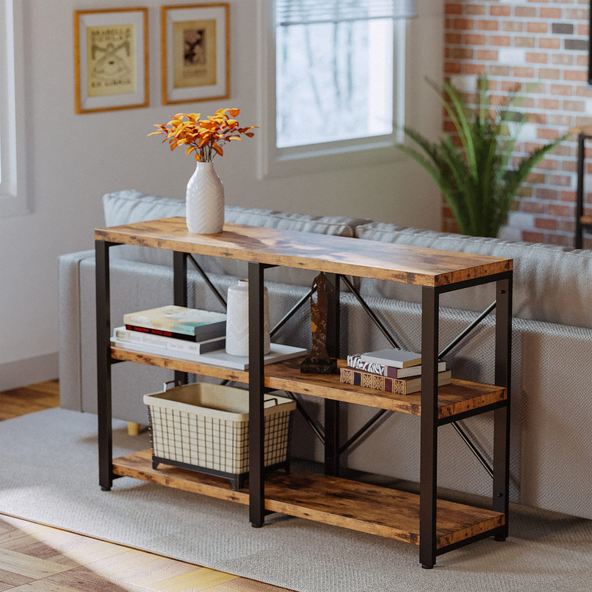 Rustic Entryway Console Table, Long Hallway Table 47in 3-Tier, TV Stand Entertainment