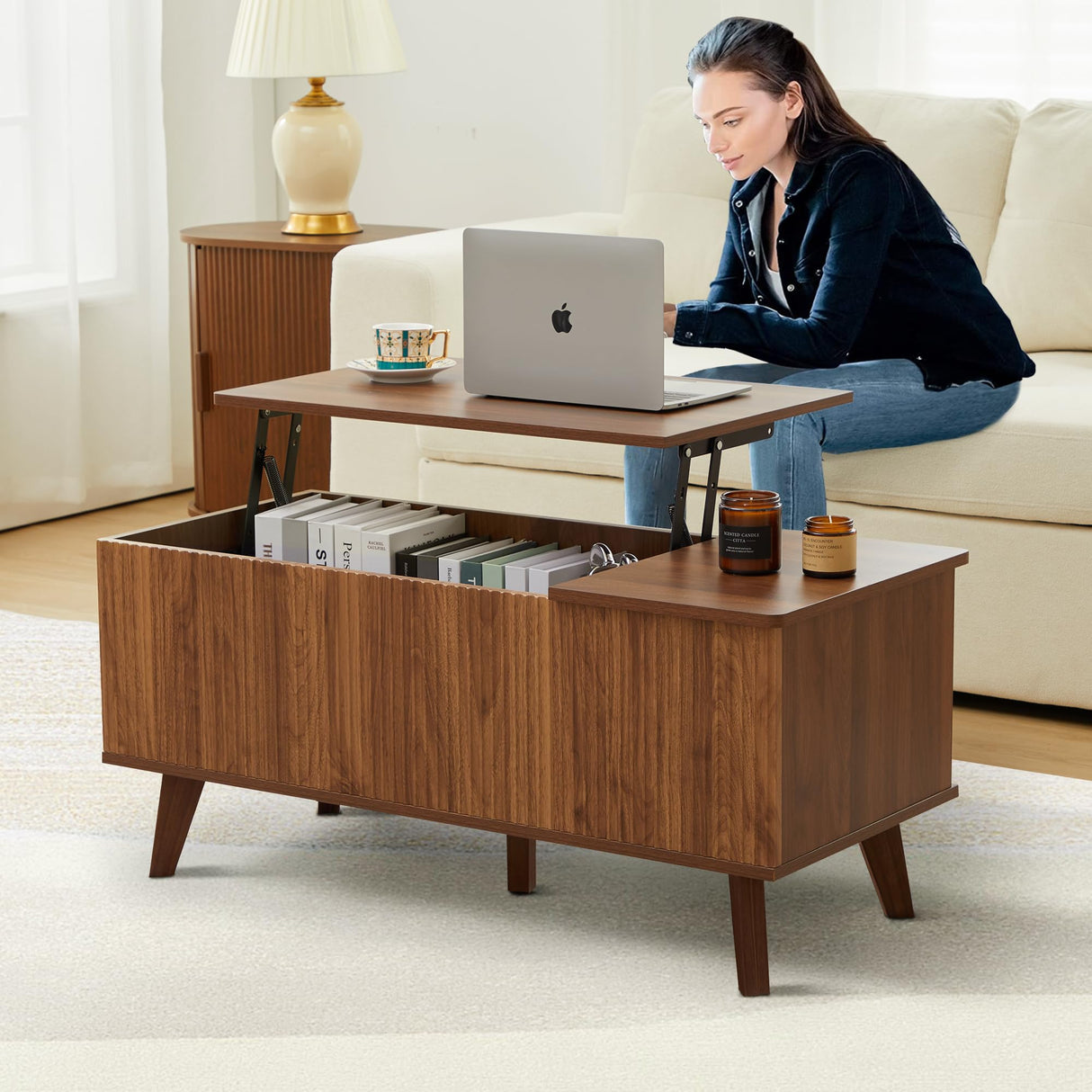 Wooden Fluted Lift Top Coffee Table with Hidden Compartment