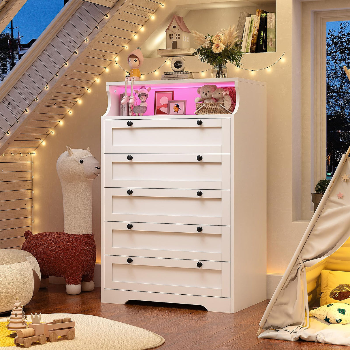 EnHomee Dresser for Bedroom White Dresser with LED Tall Dresser with 5 Wood Drawers White Dresser for Bedroom, Bedroom Dressers & Chests of Drawers, 5 Drawer Dresser, Tall Dressers for Bedroom