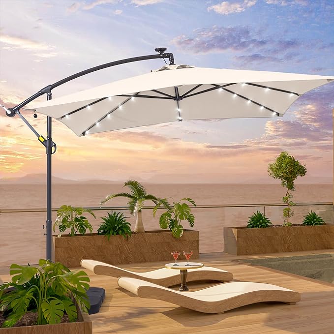 Solar Offset Hanging Market Patio Umbrella, rectangle patio umbrella, Steel Pole