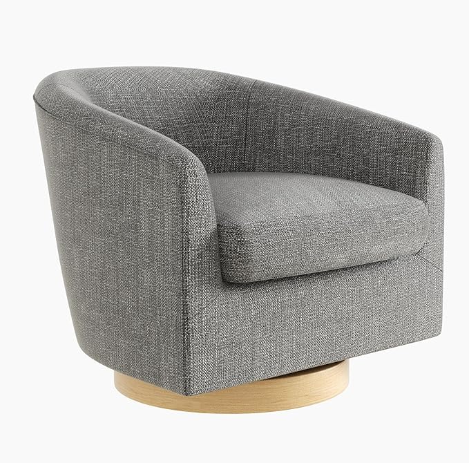 Swivel Accent Chair, 360° Fabric Barrel Armchair with Wood Base for Living Room