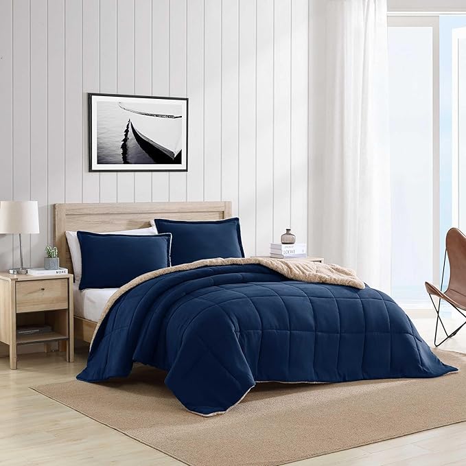 Queen Comforter Set, Soft Microsuede Bedding with Cozy Sherpa Reverse & Matching Shams