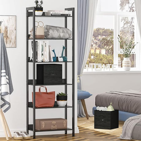 5 Tier Bookshelf with Drawers, White Tall Bookcase with Shelves, Wood and Metal Book Shelf Storage Organizer, Modern Display Free Standing Shelf Unit for Bedroom, Living Room, Office