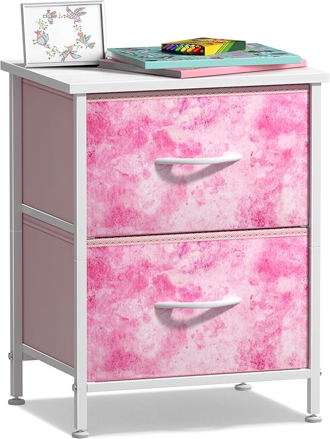 Nightstand with 2 Drawers - Kids Bedside Furniture End Table Night Stand - Steel Frame, Wood Top & Easy Pull Fabric Bins - Dresser & Chest for Home, Bedroom Accessories, Office & College Dorm