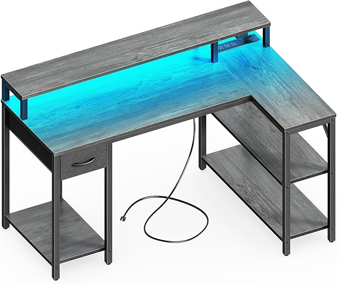 47 inch Reversible L Shaped Desk with LED Lights & Power Outlets