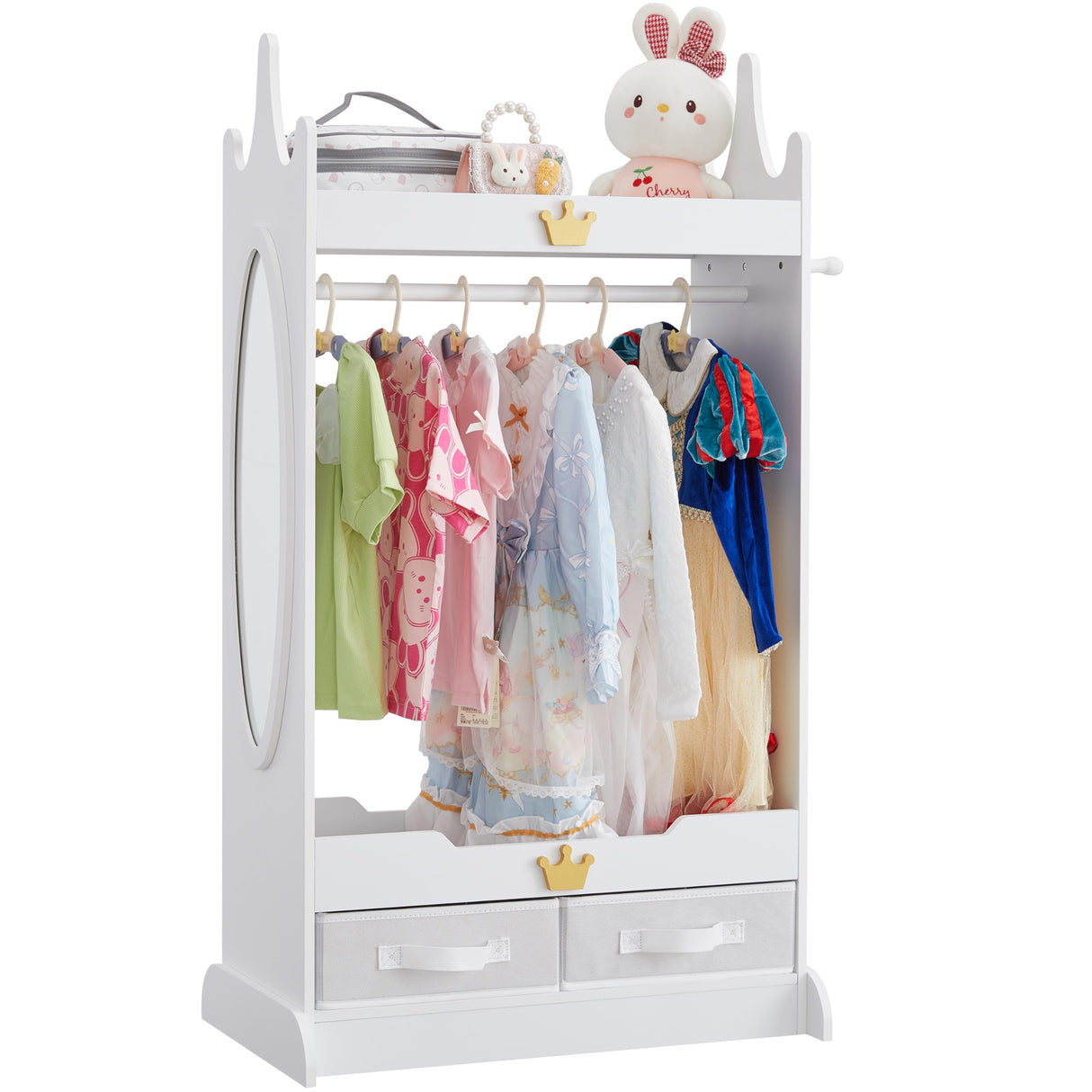 Kids Dress Up Storage with Mirror, Kids Armoire with Non-Woven Drawers