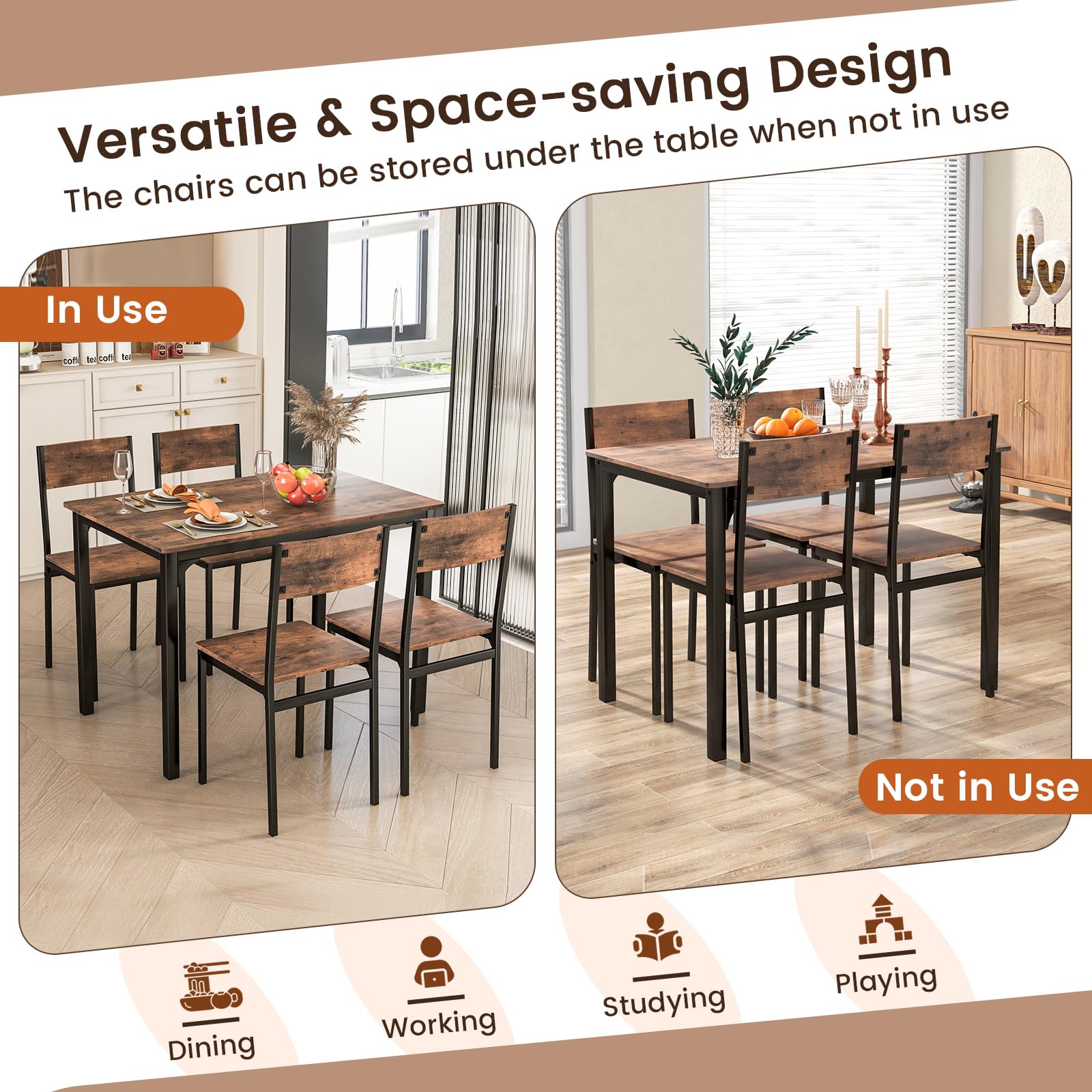 5-Piece Industrial Dining Set - Rustic Brown