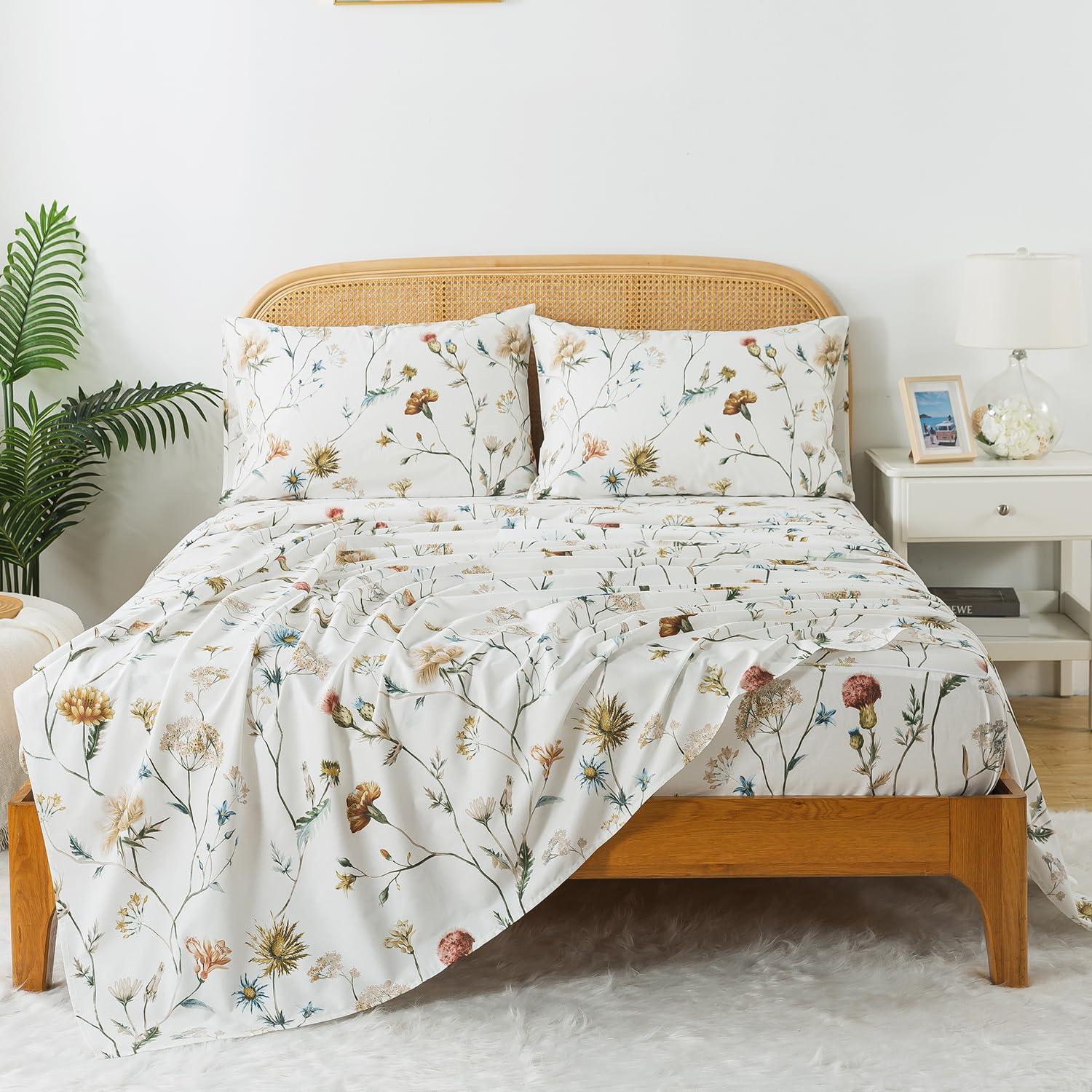 Vintage Printed Bed Sheets Queen Size 100% Percale Cotton Floral Pattern Sheet Set