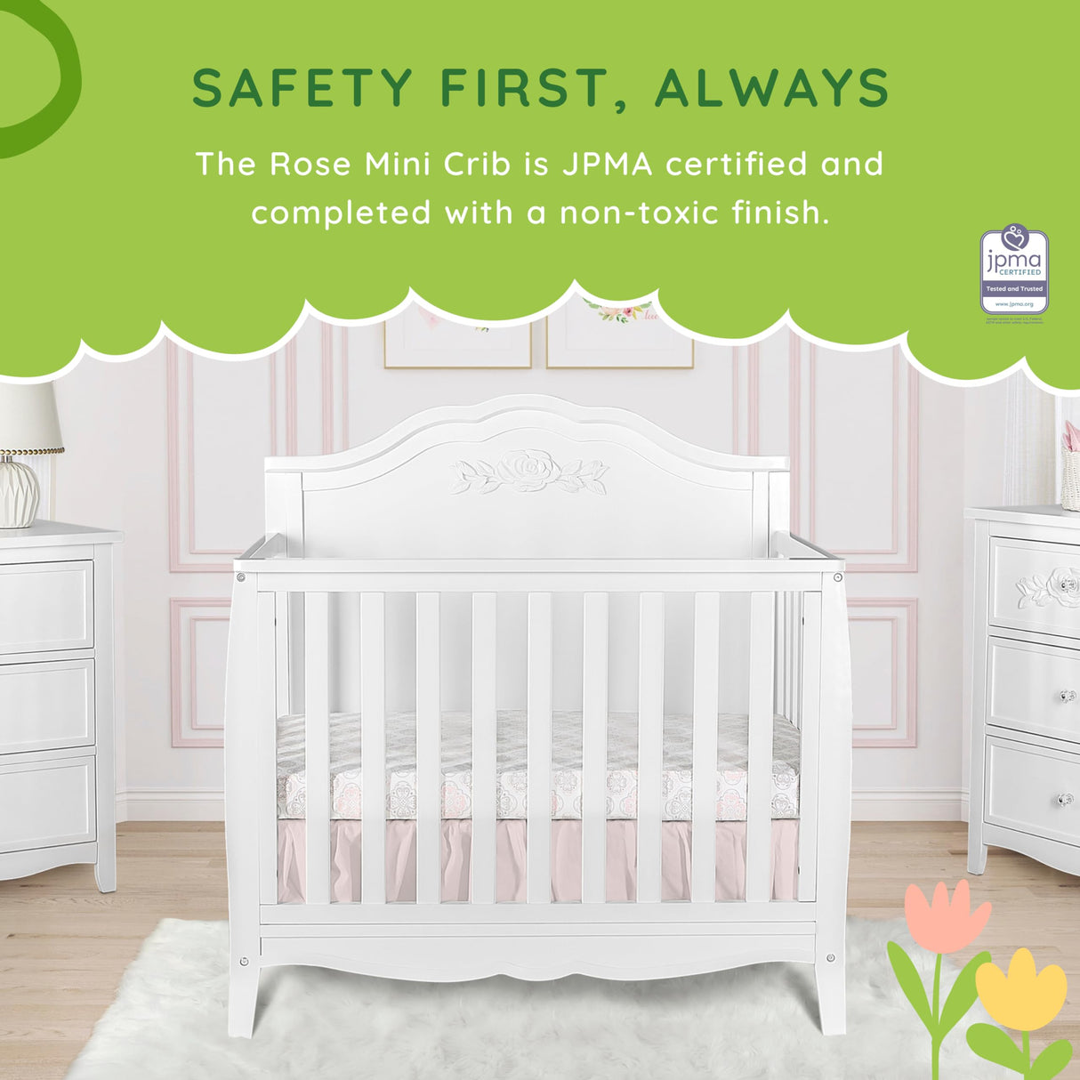 Rose 4-in-1 Convertible Mini Crib in White, JPMA Certified Baby Crib, Non-Toxic Finish,