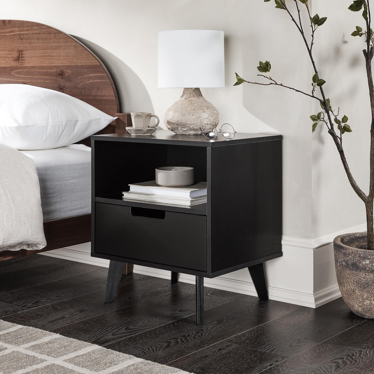 Raelyn Mid-Century Modern 1-Drawer Nightstand, 20 Inch, Black