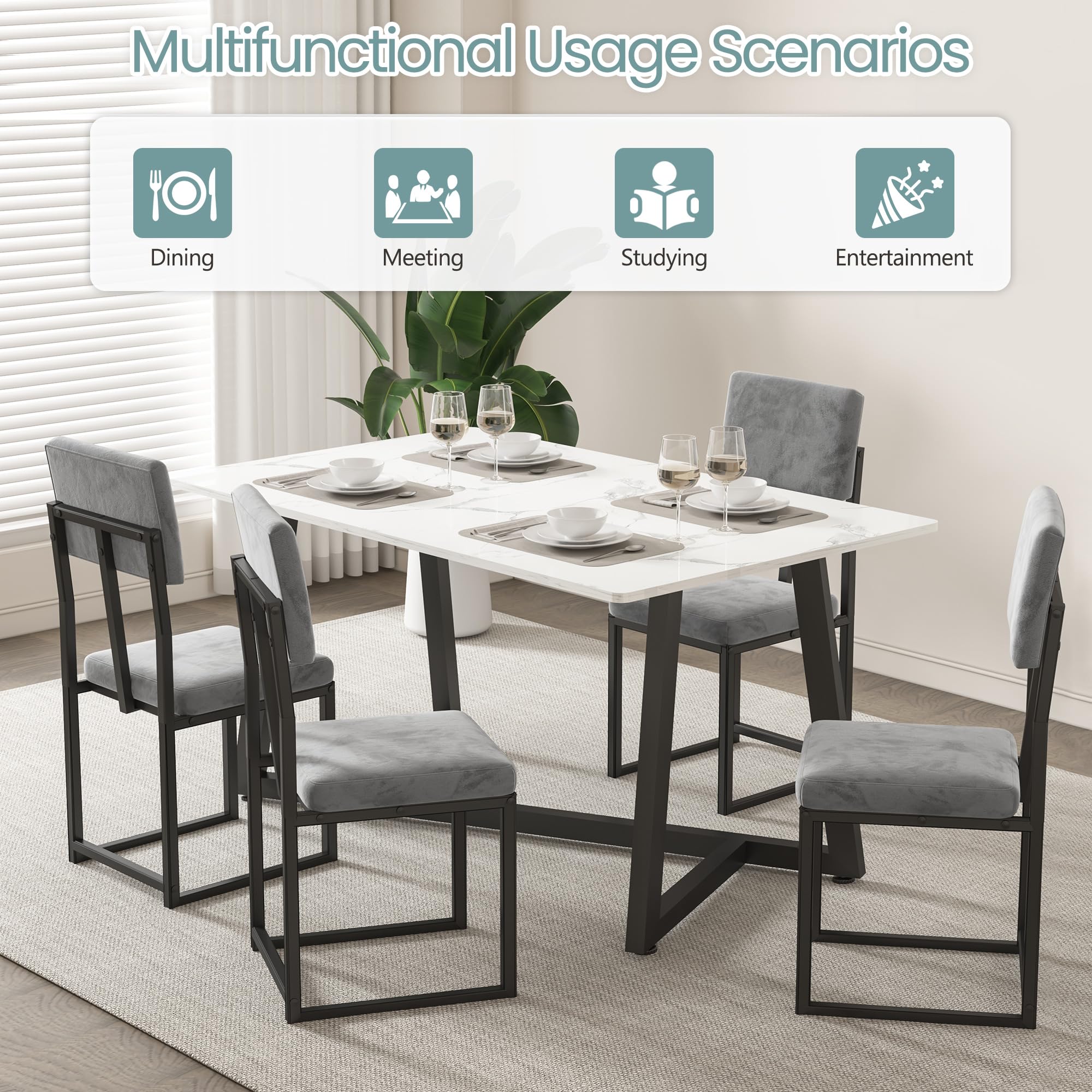 5-Piece Faux Marble Dining Set with Velvet Upholstered Chairs