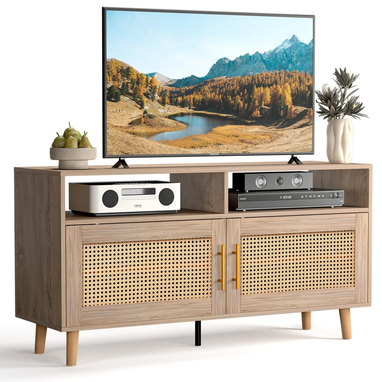 Rattan TV Stand for 55 Inch, Modern Entertainment Center with Adjustable Shelf