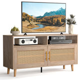 Rattan TV Stand for 55 Inch, Modern Entertainment Center with Adjustable Shelf