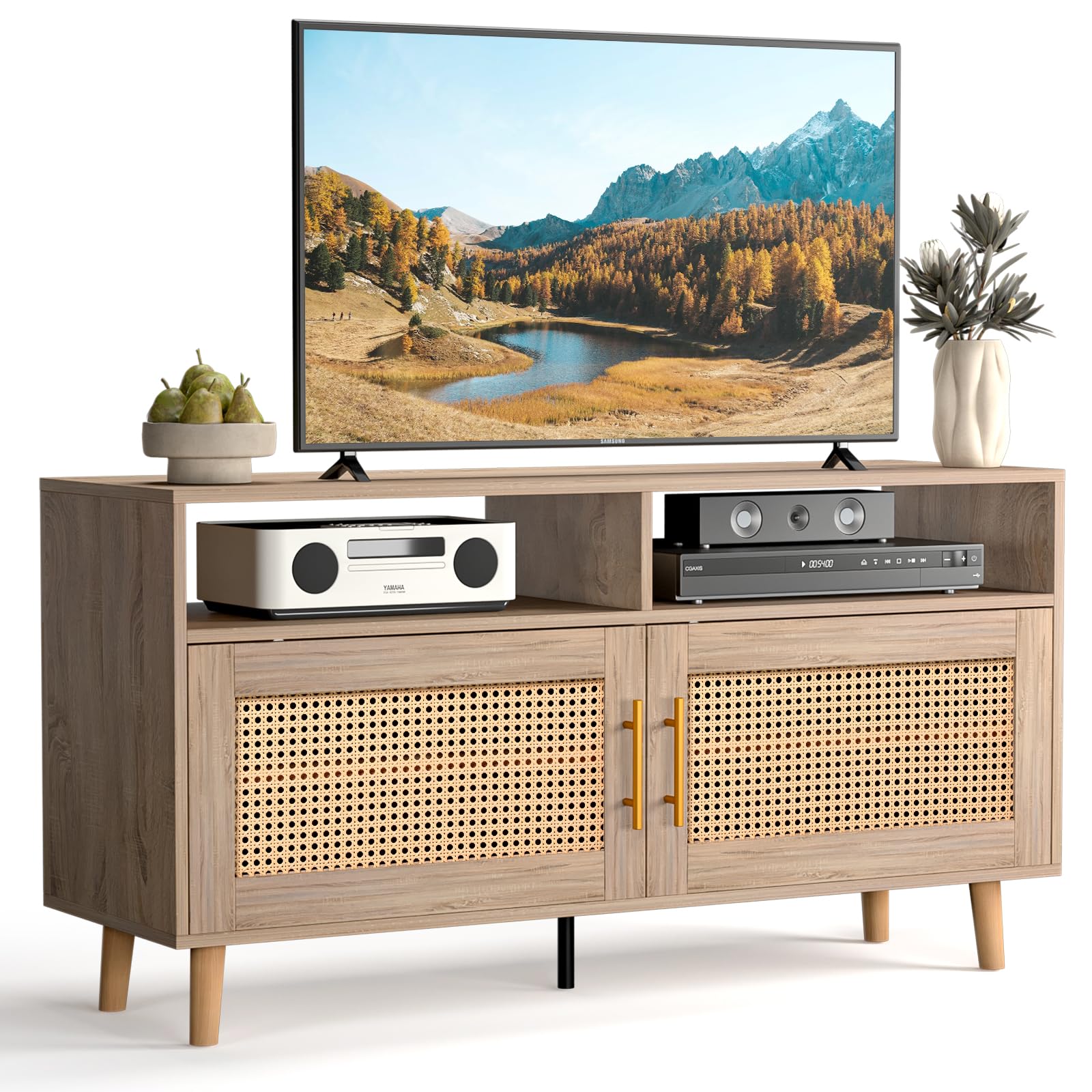 Rattan TV Stand for 55 Inch, Modern Entertainment Center with Adjustable Shelf