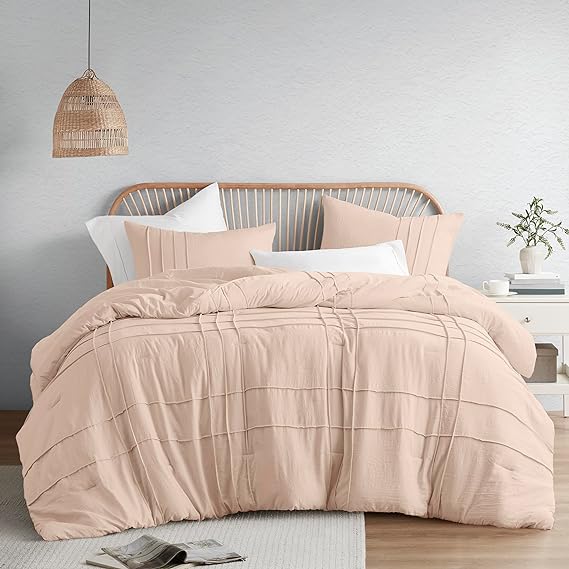 Grey Queen Comforter Set - 3 Pieces Pintuck Pleated Farmhouse Bedding