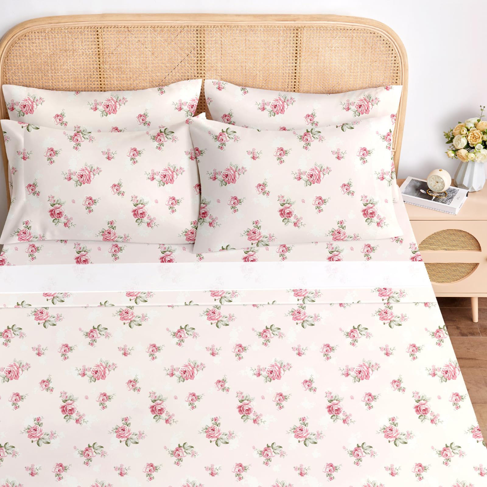 Queen Sheet Set 6 Pieces (Pink Rose Floral), Cottage Core Botanical Patterned Sheets