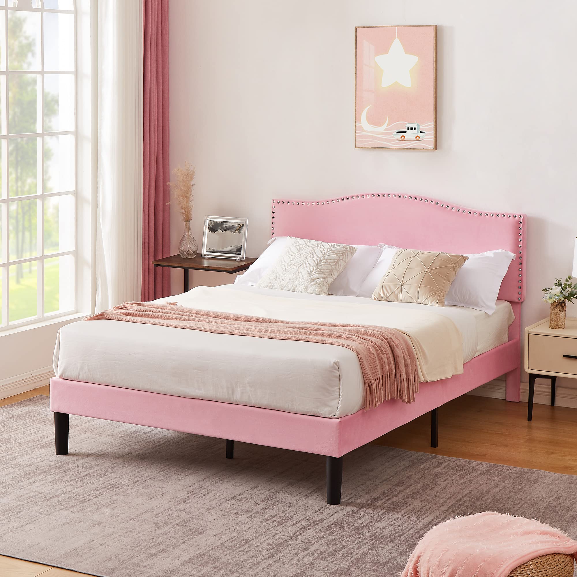 VECELO Queen Bed Frame Platform Bed Frame with Upholstered Headboard, Strong Frame and Wooden Slats Support, Strong Weight Capacity, Non-Slip and Noise-Free, Easy Assembly,Pink
