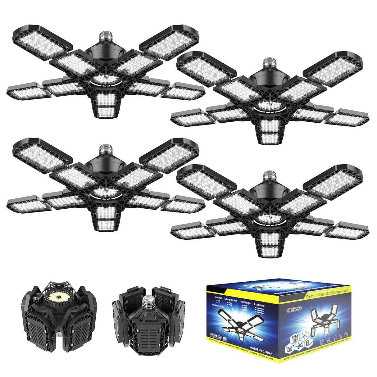 4-Pack LED Garage Light 180W - Deformable Shop Ceiling Lights