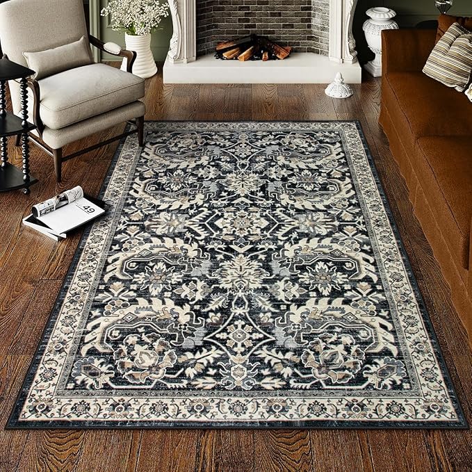 Black Living Room Rugs 8x10, Vintage Washable Grey Rug for Bedroom Dining Room,