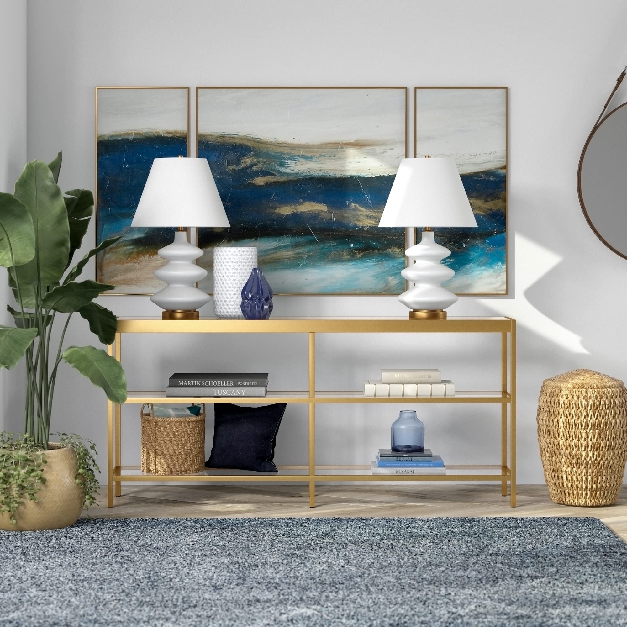 64" Wide Rectangular Console Table in Brass, Entryway Table