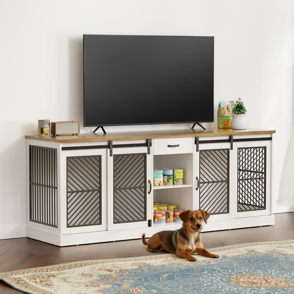 87" Double Dog Crate Furniture - Heavy Duty Indoor Kennel TV Stand
