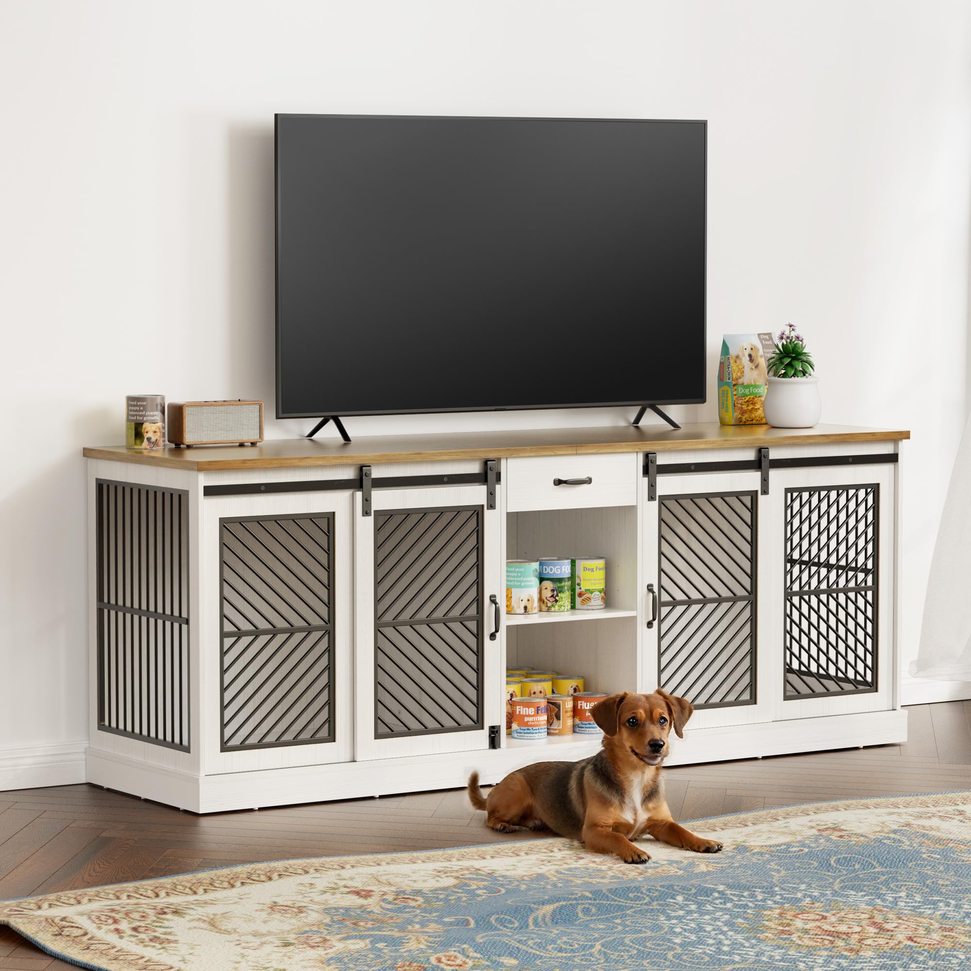 87" Double Dog Crate Furniture - Heavy Duty Indoor Kennel TV Stand