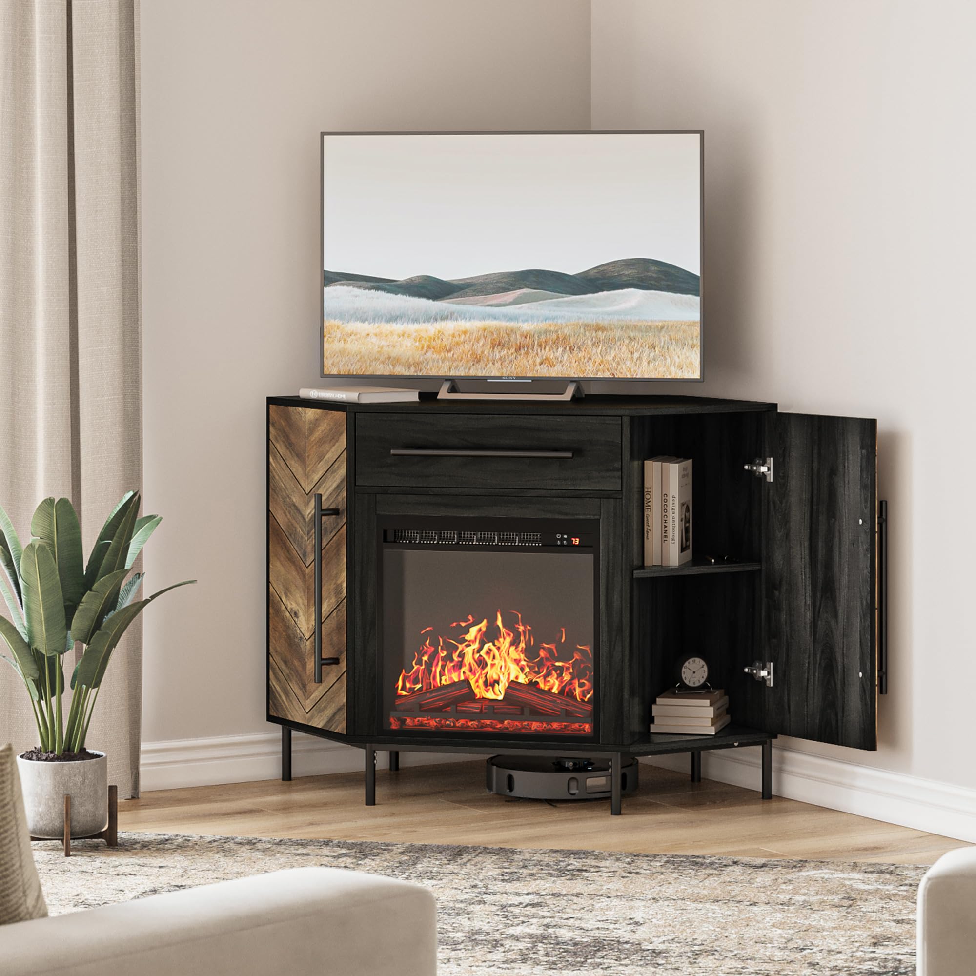 Corner TV Stand with 18" Electric Fireplace Heater, Media Console Table for TVs up to 43"