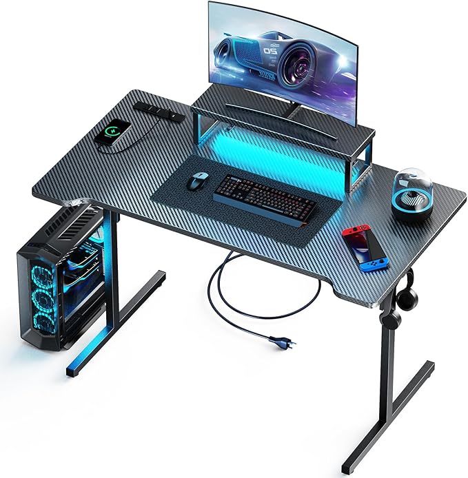 Small Gaming Desk with LED Lights & Power Outlets, 39 Inch Computer Desk with Monitor