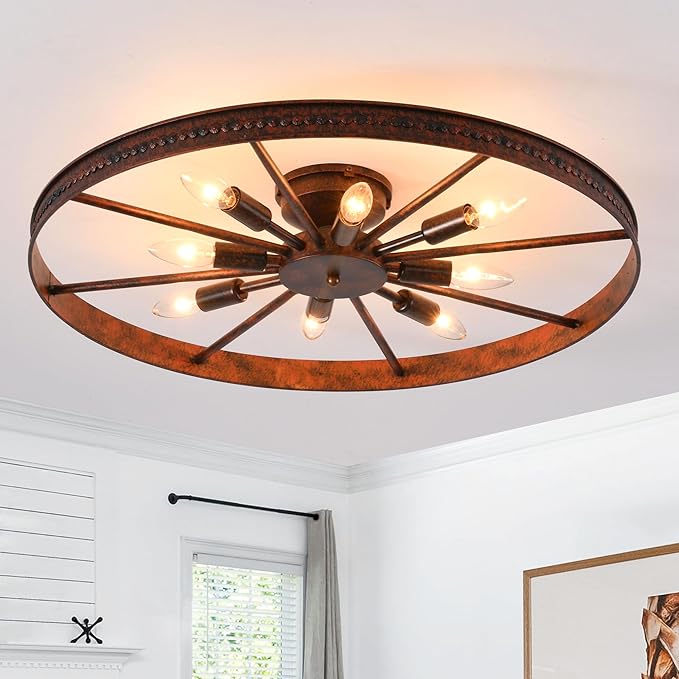 Farmhouse Round Semi Flush Mount Ceiling Light - Red Rust Finish - 6 Light