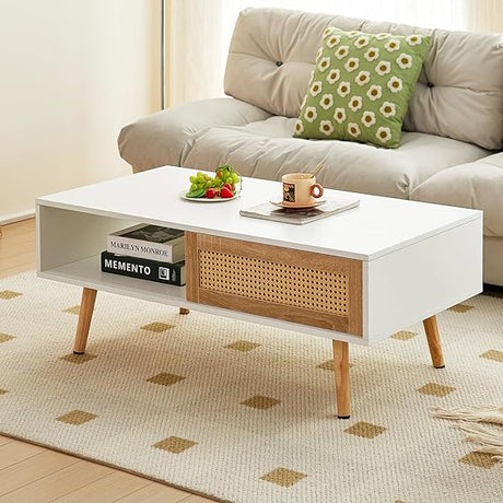 Mid Century Modern Coffee Table with Storage, 41.3 Inch Rectangle Wooden Accent Center Sofa Table with Sliding PE Rattan Woven Door Panel