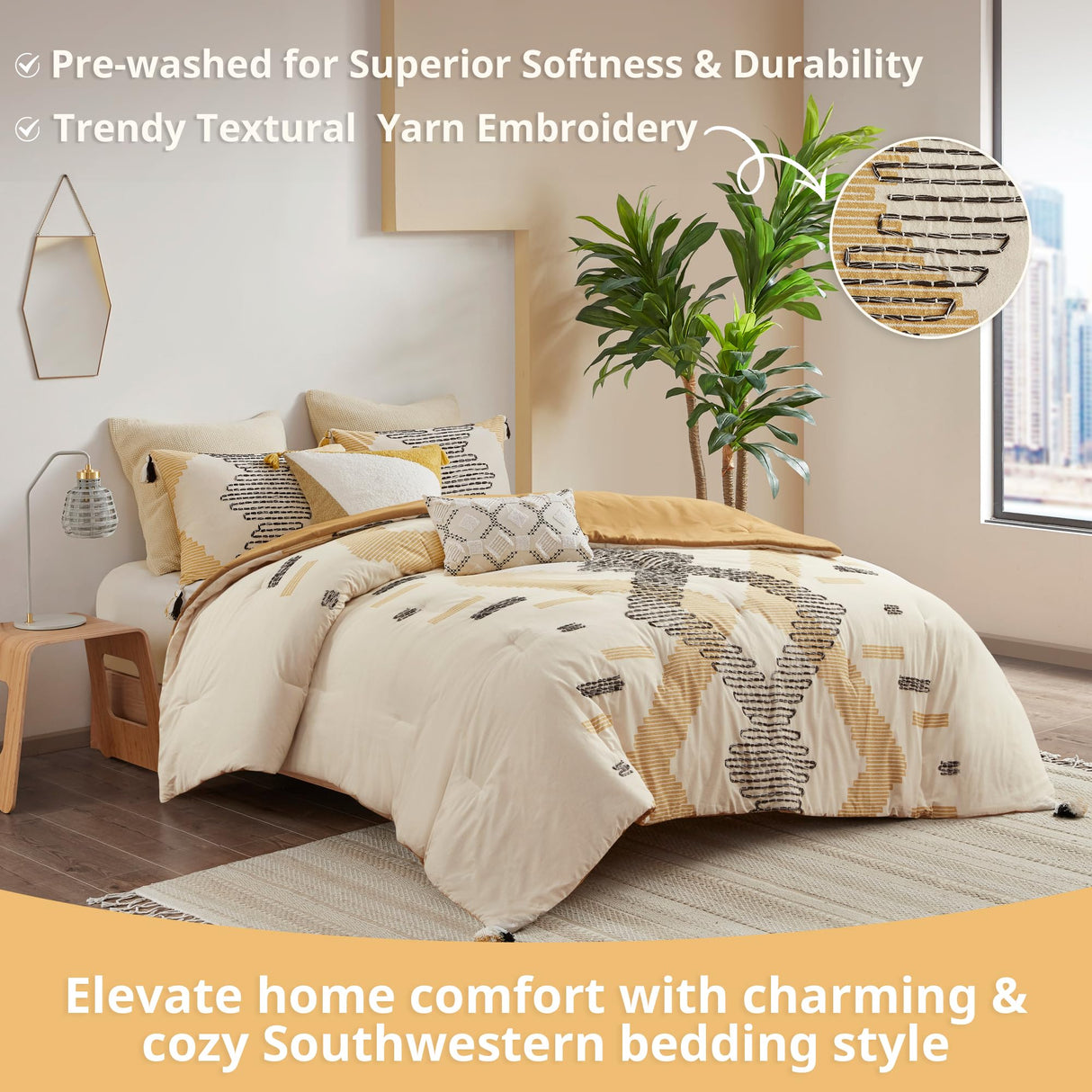 Queen Duvet Cover Set, Southwestern Geometric with Decorative Embroidery, Boho