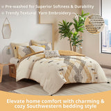 Queen Duvet Cover Set, Southwestern Geometric with Decorative Embroidery, Boho