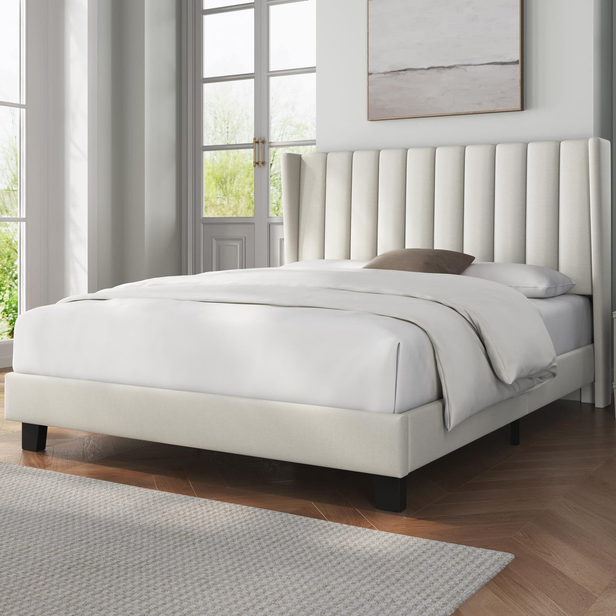 Queen Bed Frame Upholstered Platform Bed with Fabric Headboard,