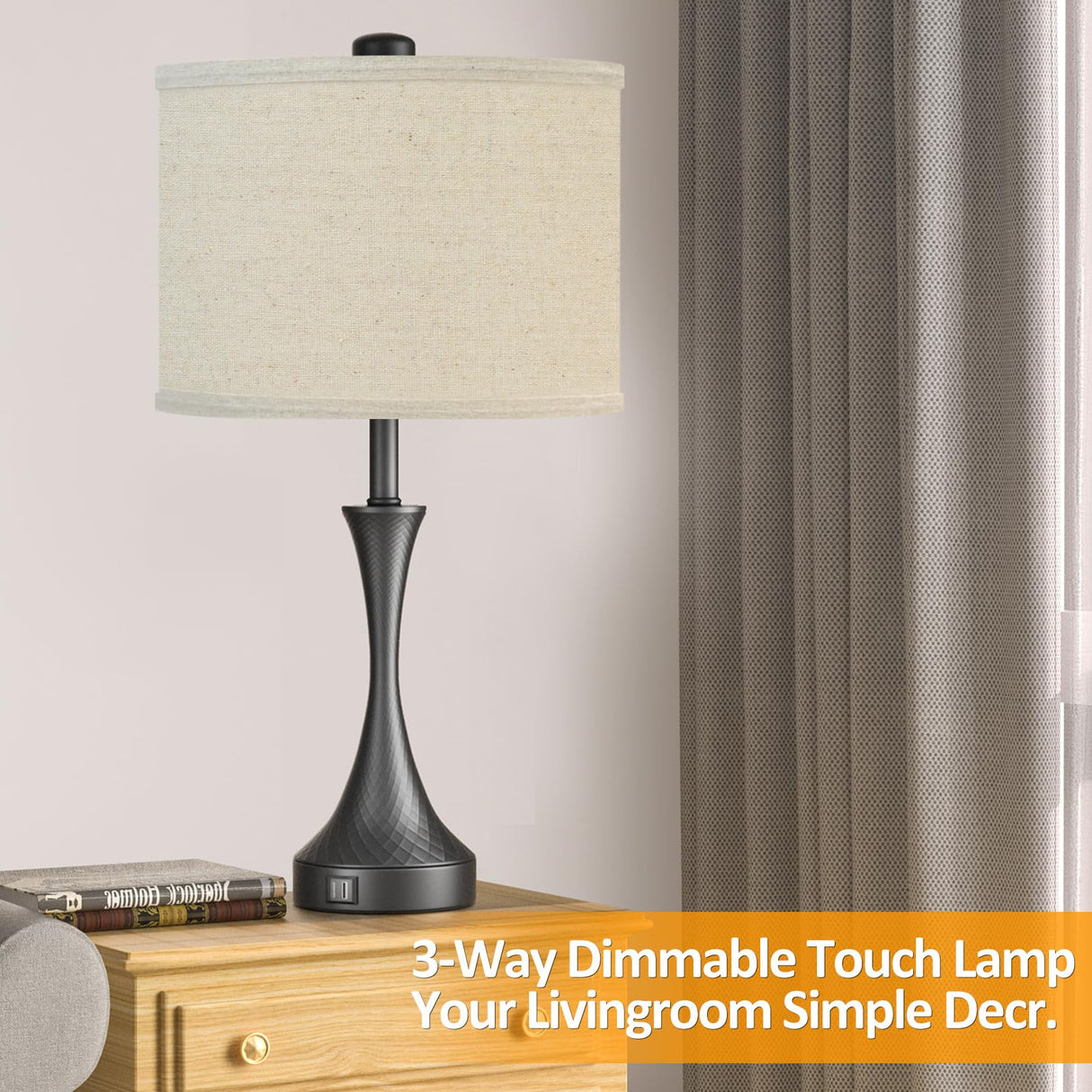 26" Farmhouse Black Touch Table Lamps Set of 2 with USB Ports