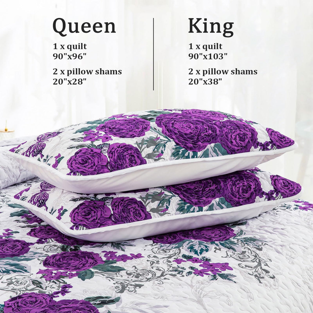 Floral Quilt Set Queen Size Elegant Purple Rose Bedding Bedspreads 3 Pieces