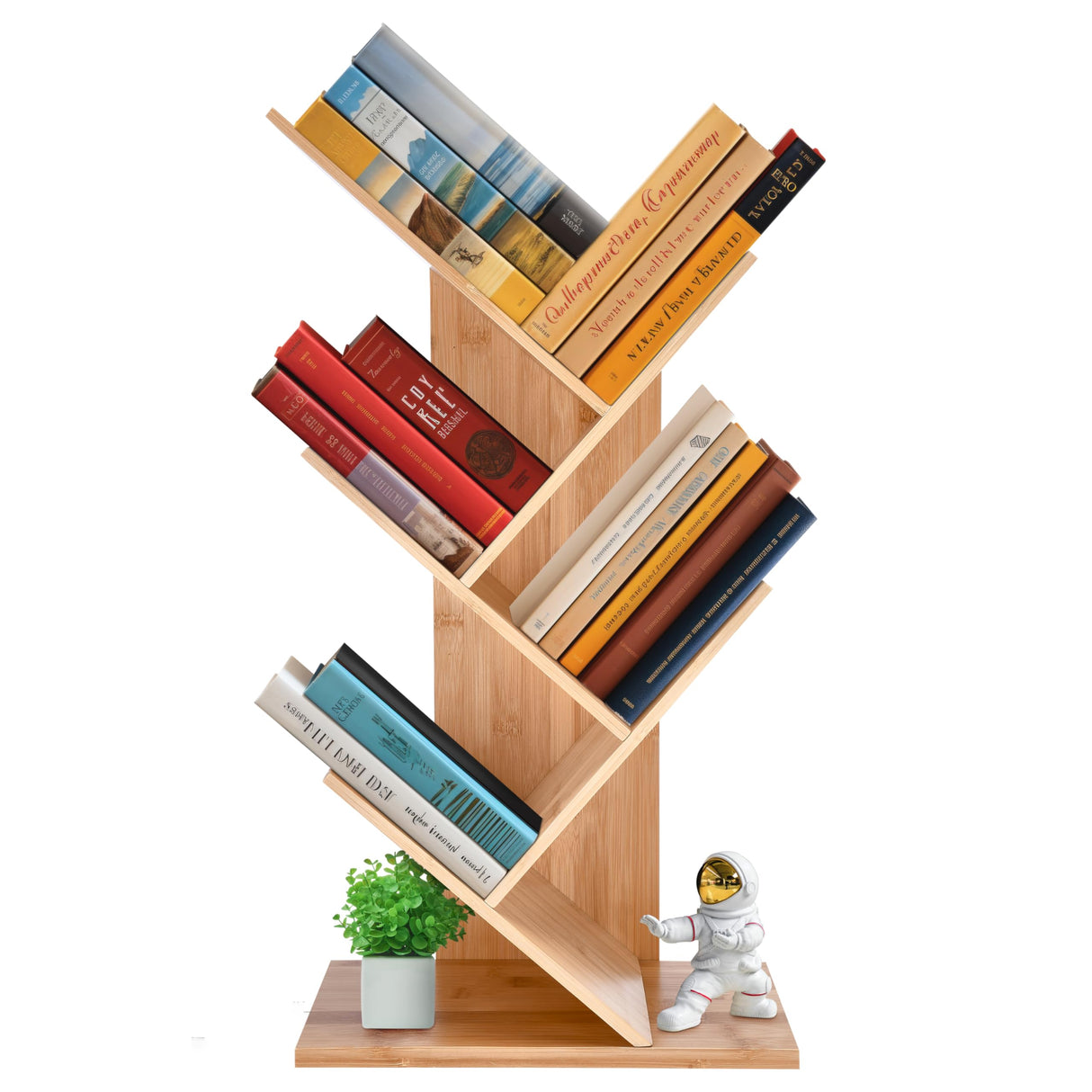 Choice Wooden Bookshelf Storage Rack 25.4 x13.8 x 6.3in - 4Tier Bamboo Shelf to Maximize Vertical Space - Cool Tree Bookshelf - Unique Bookshelves - Vinyl organizer, Plants, and Decorations
